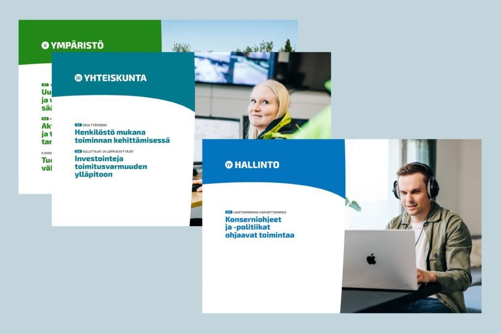 Esimerkkikuvia Seinäjoen Energian siirtymäraporttien taitosta.