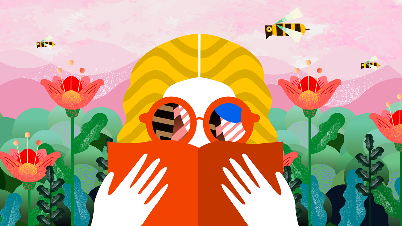 Nainen lukee kirjaa aurinkolasit päässä, ja ampiaiset lentävät kukkien ympärillä.