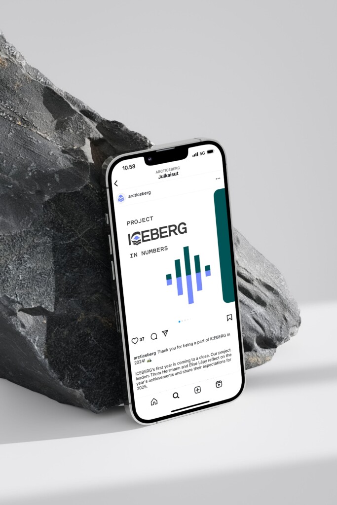 Älypuhelin, jonka näytöllä on esimerkki ICEBERG-tutkimushankkeen Instagram-julkaisusta otsikolla "Project ICEBERG in numbers".